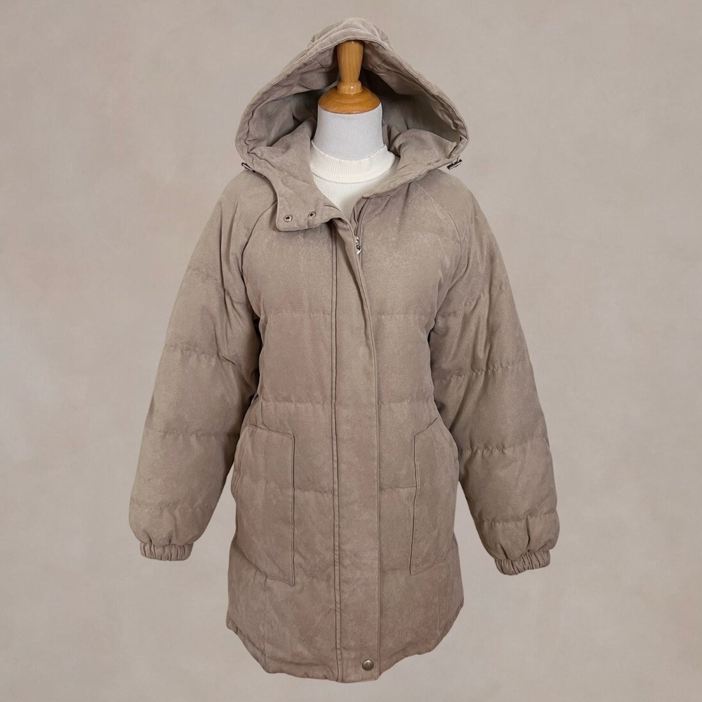 Bromley Womens Tan Beige Down Feather Puffer Coat Parka Jacket Hooded M